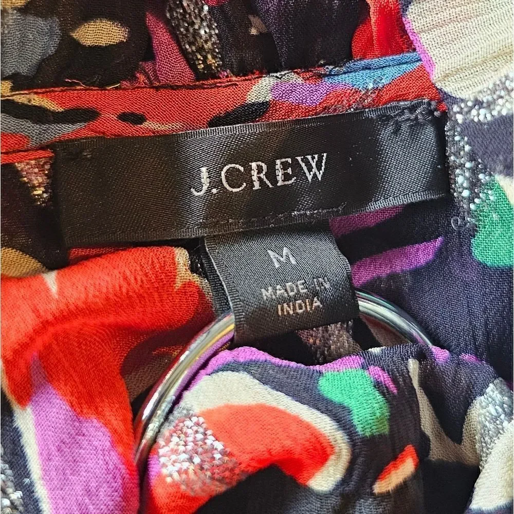J CREW Smocked Popover‎ Top in Lurex Dot Floral Print - Size Medium